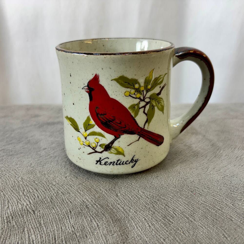 Kentucky Cardinal Stoneware Coffee Mug Cup Vintage Heavy Gray Brown Red